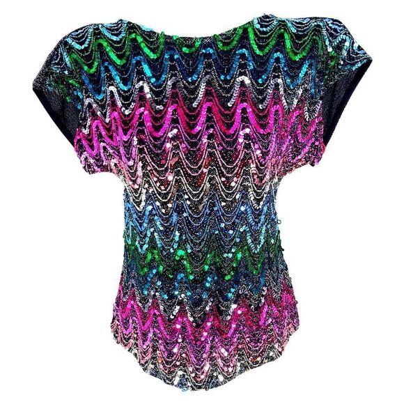 Vintage Sequin Zigzag Blouse Disco Glam Party Top 80s Shoulder Pads Rainbow M - Picture 1 of 8
